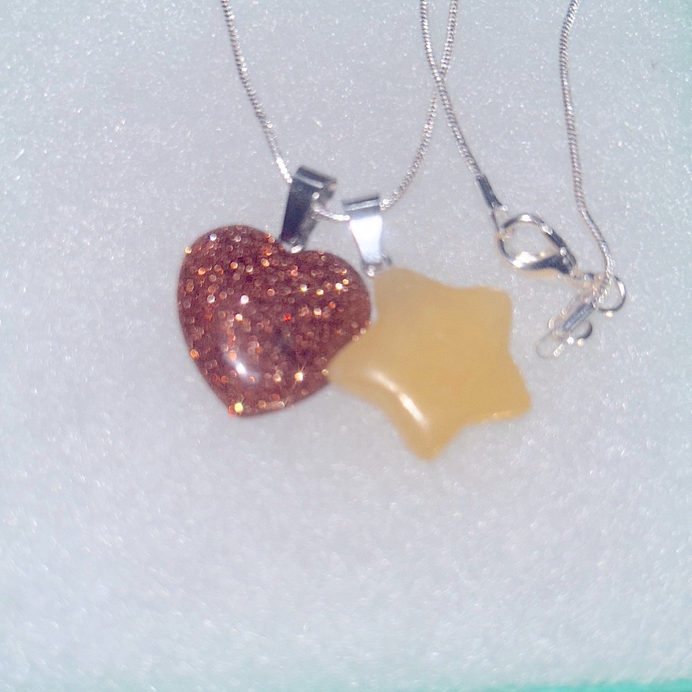 Boho hippie Aventurine Star ⭐️ and Goldstone Heart ❤️ Silver 24” Neck…